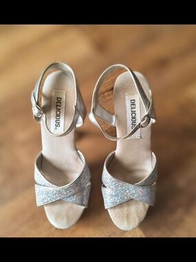 Delicious Silver Glitter Crisscross Ankle-Strap Heels